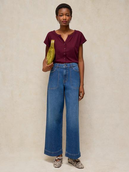 White Stuff Nina Cotton Notch Button T-Shirt, Dark Plum, Dark Plum