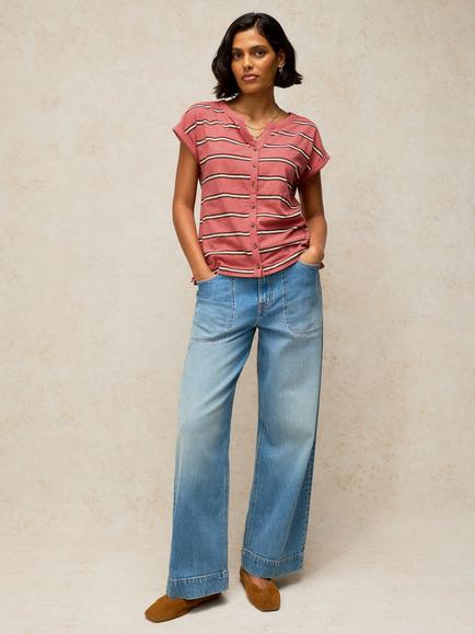 White Stuff Nina Cotton Notch Stripe Button T-Shirt, Pink/Multi, Pink/Multi