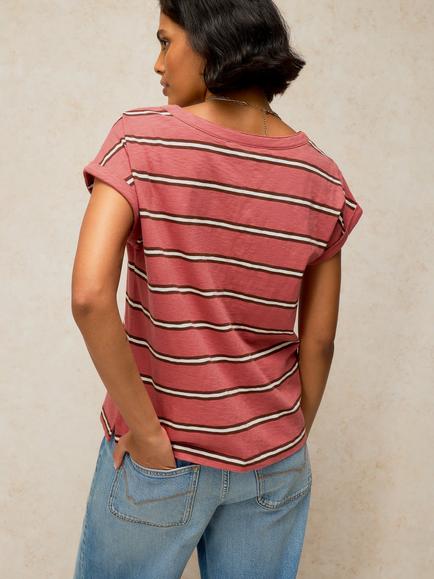 White Stuff Nina Cotton Notch Stripe Button T-Shirt, Pink/Multi - view 2, Pink/Multi