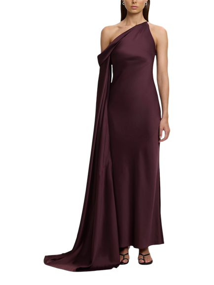 Significant Other Daira One Shoulder Cape Satin Maxi Dress, Burgundy, Burgundy