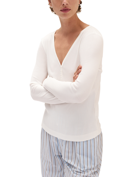 The White Company Henley Jersey Rib Long Sleeve Pyjama Top containing TENCEL™ Modal, Ivory, Ivory