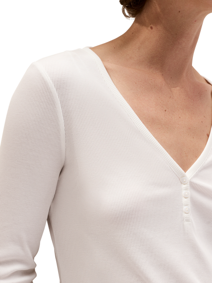 The White Company Henley Jersey Rib Long Sleeve Pyjama Top containing TENCEL™ Modal, Ivory - view 2, Ivory