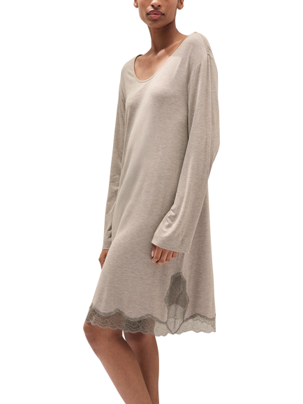 The White Company Cooling Jersey Long Sleeve Lace Hem Nightie containing LENZING™ ECOVERO™ Viscose, Mocha, Mocha