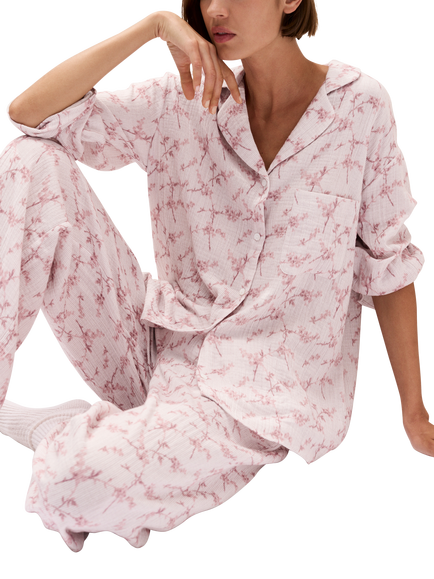The White Company Double Cotton Floral Relaxed Pyjamas, White/Pink, White/Pink
