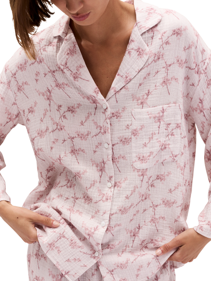The White Company Double Cotton Floral Relaxed Pyjamas, White/Pink - view 2, White/Pink