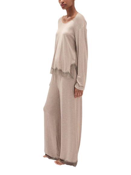 The White Company Cooling Jersey Long Sleeve Lace Hem Pyjamas containing LENZING™ ECOVERO™ Viscose, Mocha, Mocha