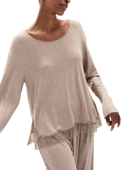 The White Company Cooling Jersey Long Sleeve Lace Hem Pyjamas containing LENZING™ ECOVERO™ Viscose, Mocha - view 2, Mocha