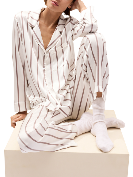 The White Company Silk Classic Stripe Pyjamas, Mink - view 2, Mink