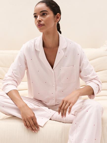The White Company Brushed Cotton Jersey Heart Stripe Classic Pyjamas, Pinkstripe, Pinkstripe