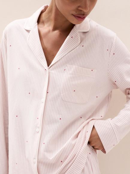 The White Company Brushed Cotton Jersey Heart Stripe Classic Pyjamas, Pinkstripe - view 2, Pinkstripe