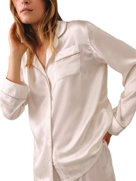 The White Company Pure Silk Classic Piped Pyjamas, Ivory - view 2, Ivory