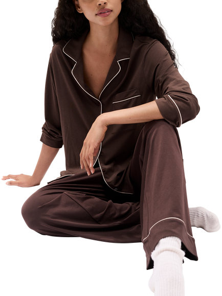 The White Company Cooling Modal Cotton Classic Jersey Pyjamas containing TENCEL™ Modal, Chocolate