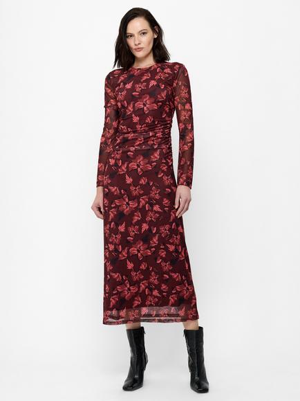 French Connection Floral Ruched Mesh Dress, Cherry Liqueur Multi, Cherry Liqueur Multi