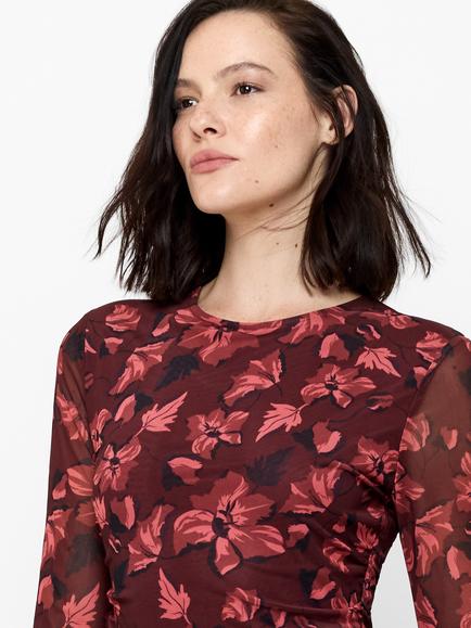 French Connection Floral Ruched Mesh Dress, Cherry Liqueur Multi - view 2, Cherry Liqueur Multi