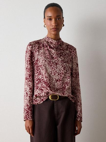 Whistles Feathered Animal Print High Neck Blouse, Burgundy/Multi, Burgundy/Multi