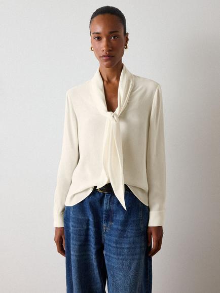 Whistles Tie Neck Crepe Blouse, Ivory, Ivory