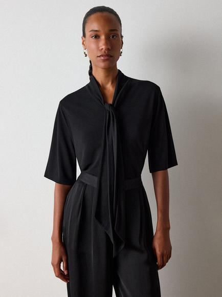 Whistles Tie Neck Short Sleeve Top, Black, Black
