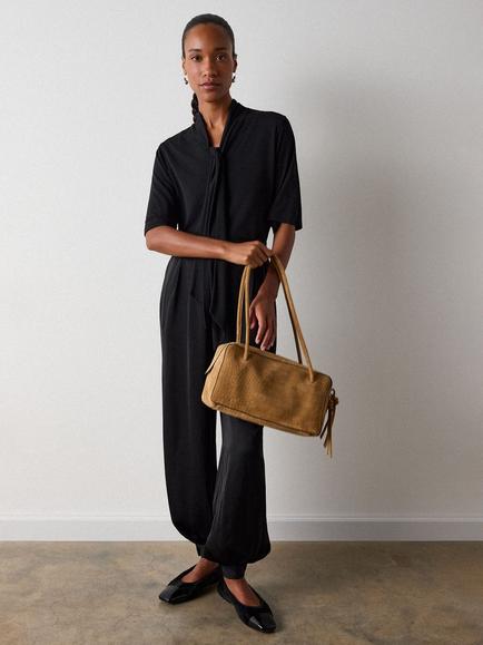 Whistles Tie Neck Short Sleeve Top, Black - view 2, Black