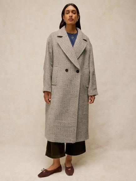 White Stuff Camilla Herringbone Longline Overcoat, Natural/Multi, Natural/Multi