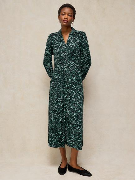 White Stuff Reegan Cotton Modal Blend Midi Shirt Dress, Green/Multi, Green/Multi