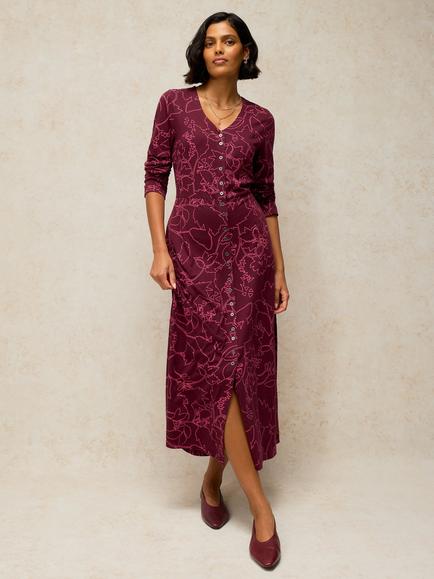 White Stuff Reese Floral V-Neck Midi Dress, Plum, Plum