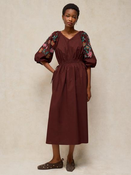 White Stuff Winnie Floral Embroidered Sleeve Midi Dress, Dark Brown, Dark Brown