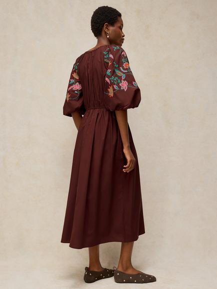 White Stuff Winnie Floral Embroidered Sleeve Midi Dress, Dark Brown - view 2, Dark Brown