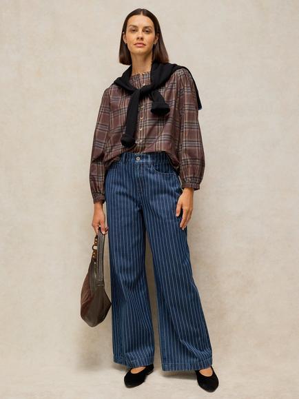White Stuff Ayal Pinstripe Mid Rise Wide Leg Jeans, Blue/Multi, Blue/Multi