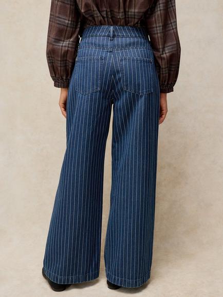 White Stuff Ayal Pinstripe Mid Rise Wide Leg Jeans, Blue/Multi - view 2, Blue/Multi