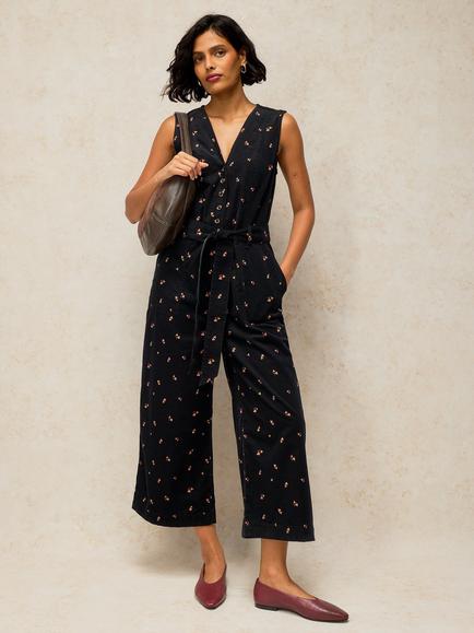 White Stuff Betty Embroidered Corduroy Dungarees, Black/Multi, Black/Multi