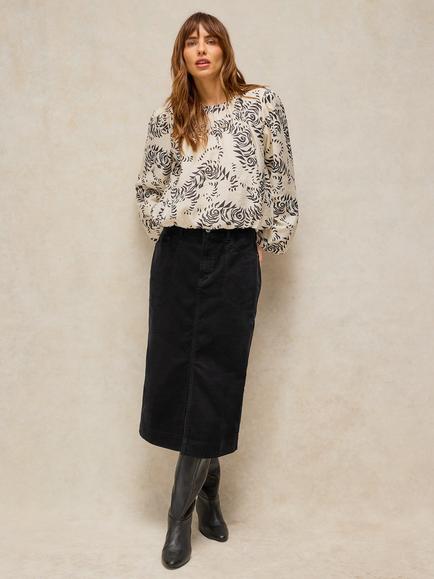 White Stuff Tia Cotton Rich Corduroy A-Line Midi Skirt, Pure Black, Pure Black