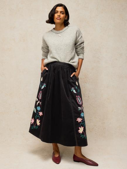 White Stuff Wren Floral Embroidered Corduroy Skirt, Black/Multi, Black/Multi