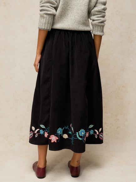 White Stuff Wren Floral Embroidered Corduroy Skirt, Black/Multi - view 2, Black/Multi