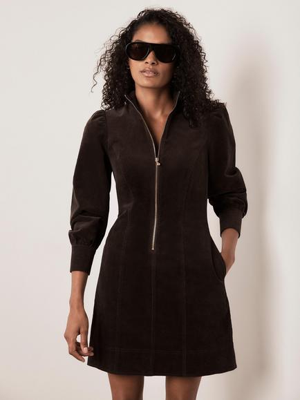 Mint Velvet Corduroy Zip Mini Dress, Brown, Brown