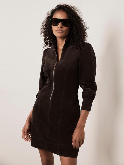Mint Velvet Corduroy Zip Mini Dress, Brown - view 2, Brown