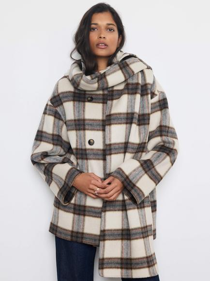 Mint Velvet Check Wool Rich Hand Finished Scarf Coat, Multi, Multi