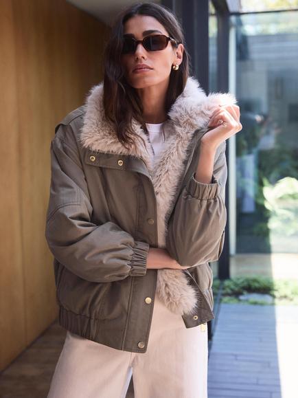 Mint Velvet Lined Bomber Jacket, Khaki, Khaki