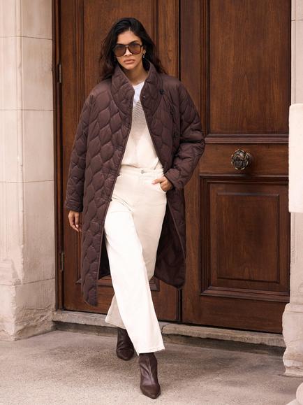 Mint Velvet Onion Quilted Funnel Neck Longline Parka Coat, Brown - view 2, Brown