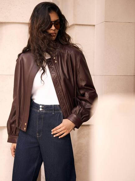 Mint Velvet Leather Ultimate Funnel Neck Bomber Jacket, Red Burgundy, Red Burgundy