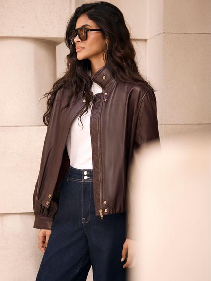 Mint Velvet Leather Ultimate Funnel Neck Bomber Jacket, Red Burgundy - view 2, Red Burgundy