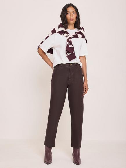 Mint Velvet Coated Tapered Jeans - view 2, Red Burgundy