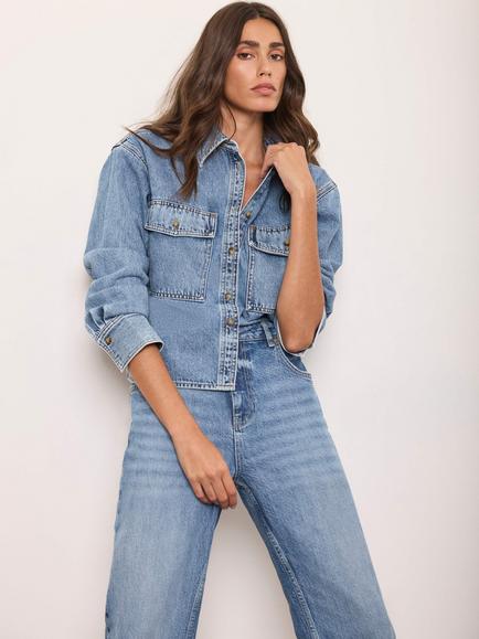 Mint Velvet Cropped Denim Shirt, Blue, Blue