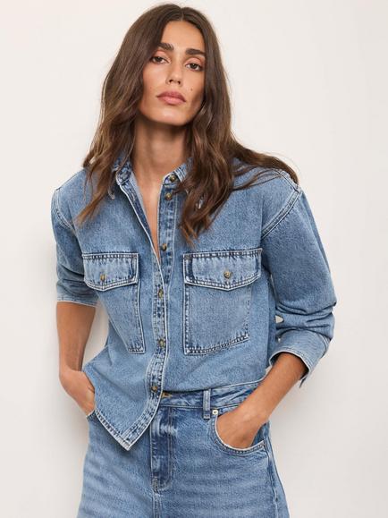 Mint Velvet Cropped Denim Shirt, Blue - view 2, Blue