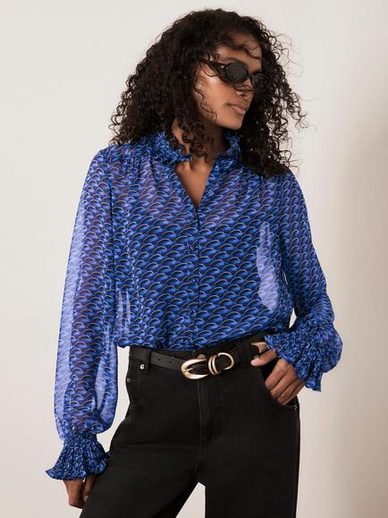 Mint Velvet Geometric Ruffle Collar Blouse, Blue/Multi, Blue/Multi