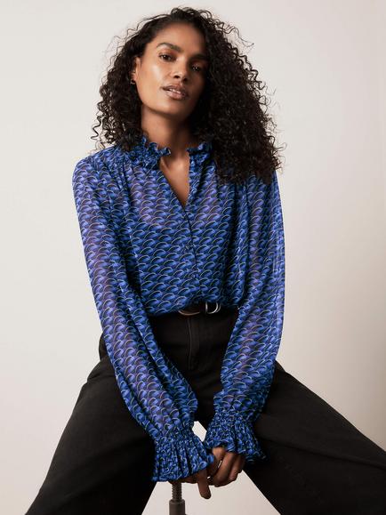 Mint Velvet Geometric Ruffle Collar Blouse, Blue/Multi - view 2, Blue/Multi