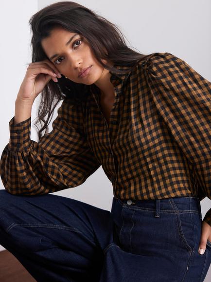 Mint Velvet Check Puff Sleeve Shirt, Orange/Black, Orange/Black