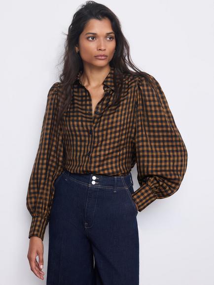 Mint Velvet Check Puff Sleeve Shirt, Orange/Black - view 2, Orange/Black