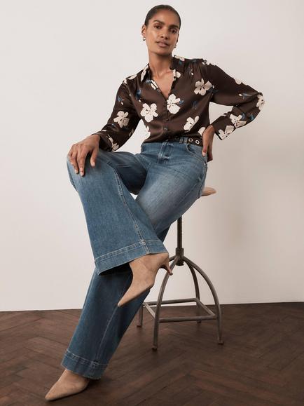 Mint Velvet Satin Floral Print Shirt, Brown/Multi, Brown/Multi