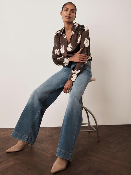 Mint Velvet Satin Floral Print Shirt, Brown/Multi - view 2, Brown/Multi