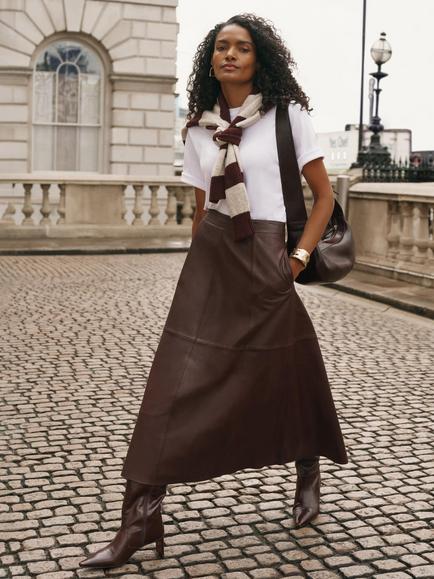 Mint Velvet Leather Full Midi Skirt, Red Burgundy - view 2, Red Burgundy